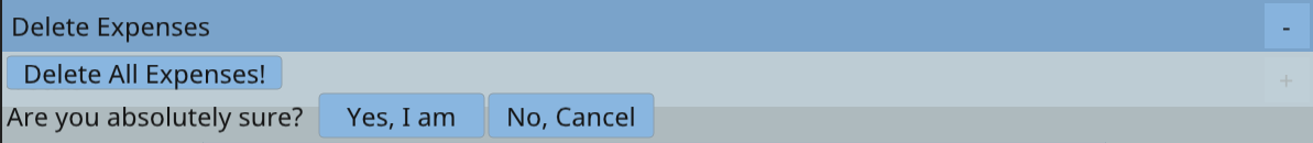 Delete all expenses dialogue popup with the options 'Yes, I am' and 'No, Cancel'
