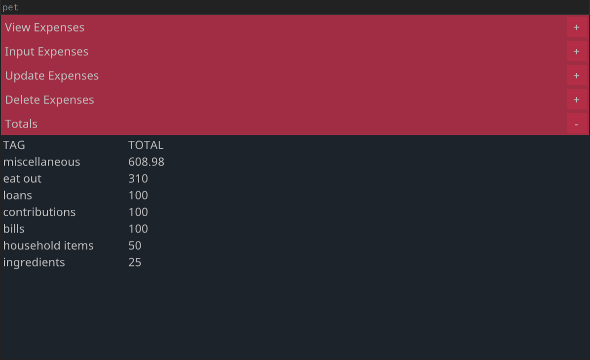 Totals Window showcasing the total sum accumulated per tag