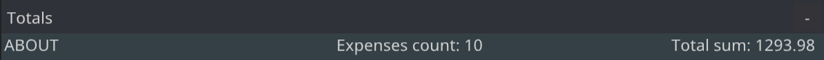 Totals window menubar which shows the about section, number of expenses and the total sum